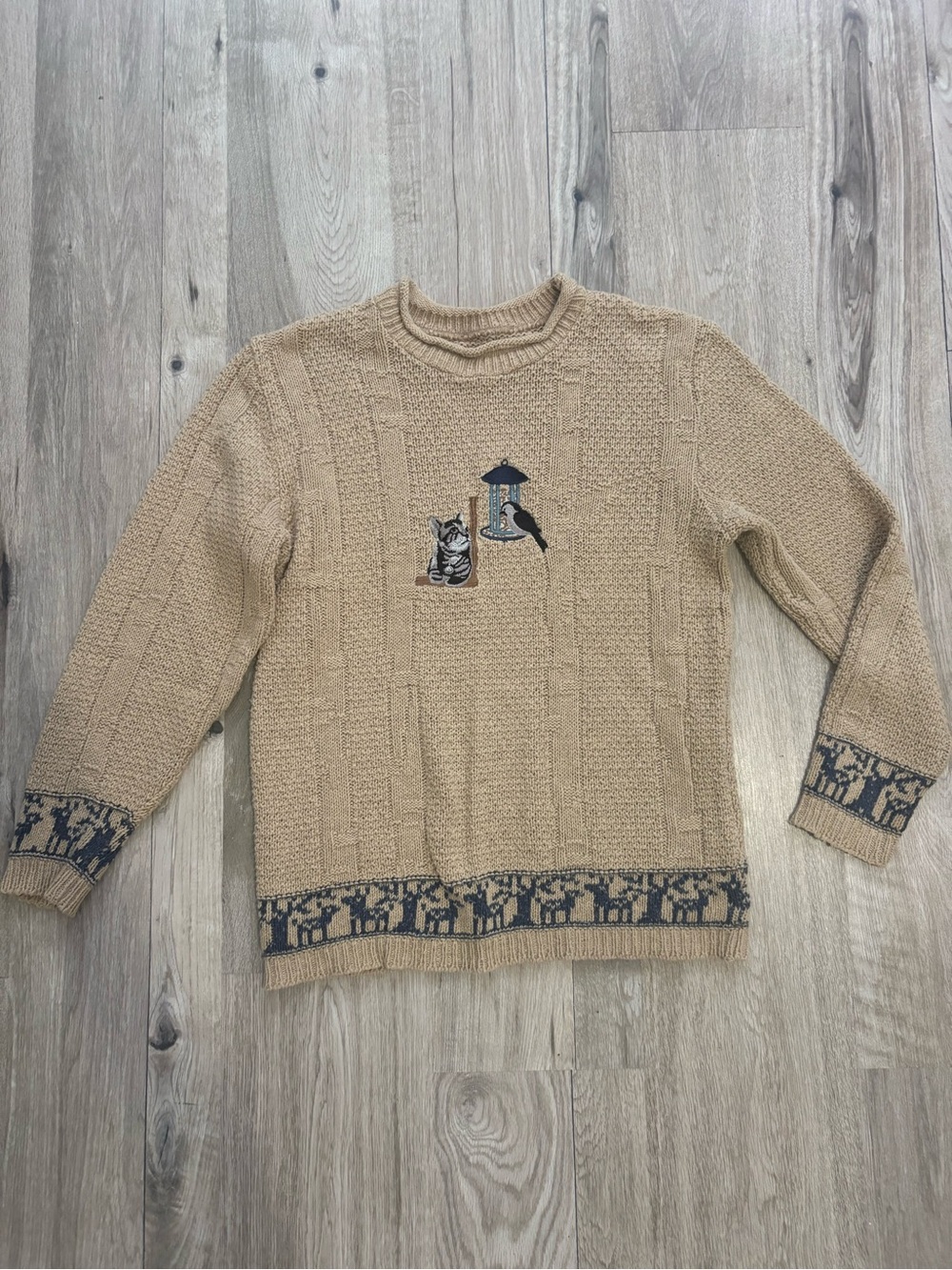 Beige Crewneck Sweater with Cat & Bird Motif